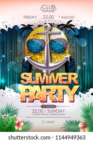 Disco background. Disco ball summer beach party poster