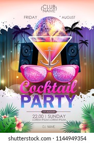 Disco background. Disco ball summer cocktail party poster