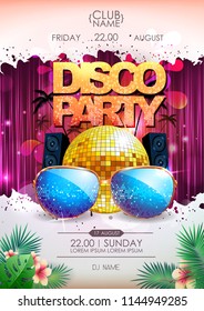 Disco background. Disco ball summer party poster