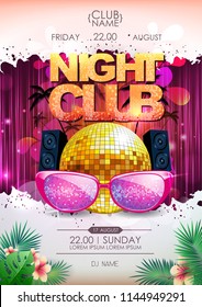 Disco background. Disco ball summer party poster. Night club