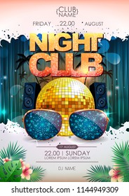 Disco background. Disco ball summer party poster. Night club