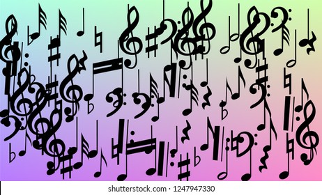 Disco Background. Black Musical Notes Symbol Falling on Hologram Background. Many Random Falling Notes, Bass and, Treble Clef. Disco Vector Template with Musical Symbols.
