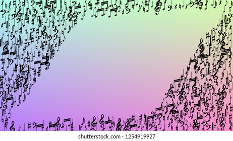 Disco Background. Black Musical Notes Symbol Falling on Hologram Background. Many Random Falling Notes, Bass and, G Clef. Disco Vector Template with Musical Symbols.