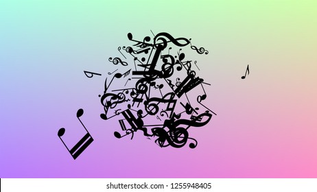 Disco Background. Black Musical Notes Symbol Falling on Hologram Background. Many Random Falling Notes, Bass and, Treble Clef. Disco Vector Template with Musical Symbols.