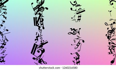 Disco Background. Black Musical Notes Symbol Falling on Hologram Background. Many Random Falling Notes, Bass and, Treble Clef. Disco Vector Template with Musical Symbols.