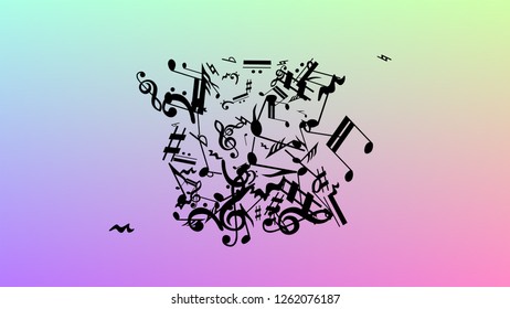 Disco Background. Black Musical Notes Symbol Falling on Hologram Background. Many Random Falling Notes, Bass and, G Clef. Disco Vector Template with Musical Symbols.