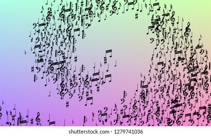 Disco Background. Black Musical Notes Symbol Falling on Hologram Background. Many Random Falling Notes, Bass and, G Clef. Disco Vector Template with Musical Symbols.