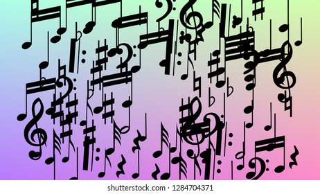 Disco Background. Black Musical Notes Symbol Falling on Hologram Background. Many Random Falling Notes, Bass and, G Clef. Disco Vector Template with Musical Symbols.