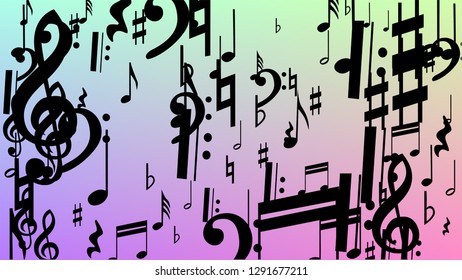 Disco Background. Black Musical Notes Symbol Falling on Hologram Background. Many Random Falling Notes, Bass and, G Clef. Disco Vector Template with Musical Symbols.