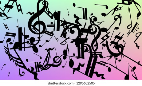 Disco Background. Black Musical Notes Symbol Falling on Hologram Background. Many Random Falling Notes, Bass and, Treble Clef. Disco Vector Template with Musical Symbols.