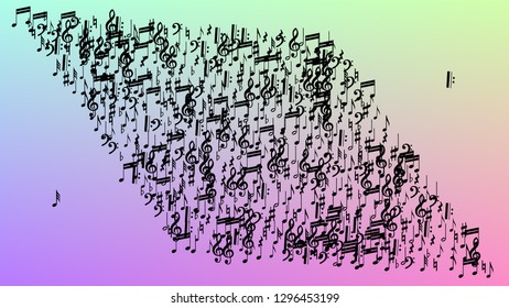 Disco Background. Black Musical Notes Symbol Falling on Hologram Background. Many Random Falling Notes, Bass and, Treble Clef. Disco Vector Template with Musical Symbols.
