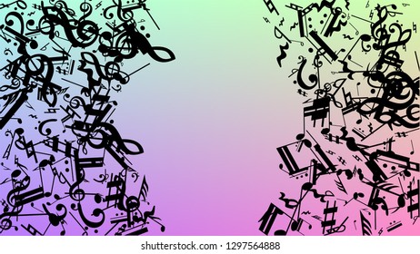 Disco Background. Black Musical Notes Symbol Falling on Hologram Background. Many Random Falling Notes, Bass and, G Clef. Disco Vector Template with Musical Symbols.