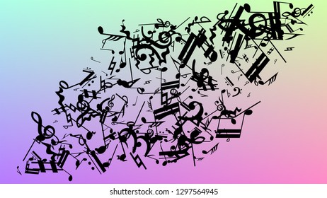 Disco Background. Black Musical Notes Symbol Falling on Hologram Background. Many Random Falling Notes, Bass and, G Clef. Disco Vector Template with Musical Symbols.