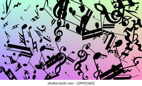 Disco Background. Black Musical Notes Symbol Falling on Hologram Background. Many Random Falling Notes, Bass and, G Clef. Disco Vector Template with Musical Symbols.