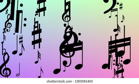 Disco Background. Black Musical Notes Symbol Falling on Hologram Background. Many Random Falling Notes, Bass and, Treble Clef. Disco Vector Template with Musical Symbols.