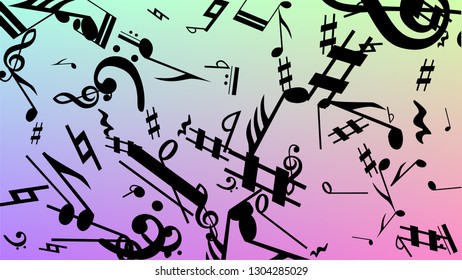 Disco Background. Black Musical Notes Symbol Falling on Hologram Background. Many Random Falling Notes, Bass and, Treble Clef. Disco Vector Template with Musical Symbols.