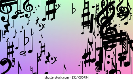 Disco Background. Black Musical Notes Symbol Falling on Hologram Background. Many Random Falling Notes, Bass and, Treble Clef. Disco Vector Template with Musical Symbols.