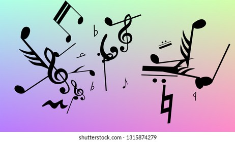 Disco Background. Black Musical Notes Symbol Falling on Hologram Background. Many Random Falling Notes, Bass and, Treble Clef. Disco Vector Template with Musical Symbols.