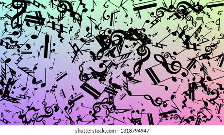 Disco Background. Black Musical Notes Symbol Falling on Hologram Background. Many Random Falling Notes, Bass and, G Clef. Disco Vector Template with Musical Symbols.
