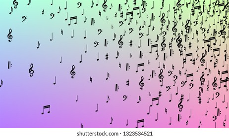 Disco Background. Black Musical Notes Symbol Falling on Hologram Background. Many Random Falling Notes, Bass and, G Clef. Disco Vector Template with Musical Symbols.