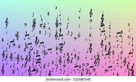 Disco Background. Black Musical Notes Symbol Falling on Hologram Background. Many Random Falling Notes, Bass and, G Clef. Disco Vector Template with Musical Symbols.