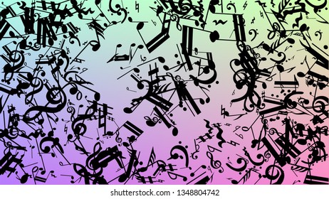 Disco Background. Black Musical Notes Symbol Falling on Hologram Background. Many Random Falling Notes, Bass and, Treble Clef. Disco Vector Template with Musical Symbols.