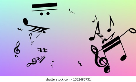 Disco Background. Black Musical Notes Symbol Falling on Hologram Background. Many Random Falling Notes, Bass and, Treble Clef. Disco Vector Template with Musical Symbols.