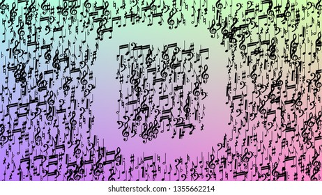 Disco Background. Black Musical Notes Symbol Falling on Hologram Background. Many Random Falling Notes, Bass and, G Clef. Disco Vector Template with Musical Symbols.