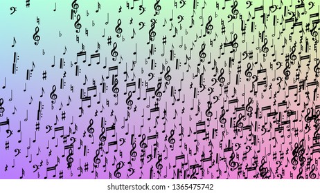 Disco Background. Black Musical Notes Symbol Falling on Hologram Background. Many Random Falling Notes, Bass and, G Clef. Disco Vector Template with Musical Symbols.