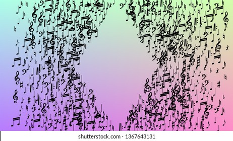 Disco Background. Black Musical Notes Symbol Falling on Hologram Background. Many Random Falling Notes, Bass and, Treble Clef. Disco Vector Template with Musical Symbols.
