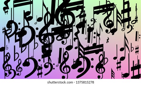 Disco Background. Black Musical Notes Symbol Falling on Hologram Background. Many Random Falling Notes, Bass and, Treble Clef. Disco Vector Template with Musical Symbols.