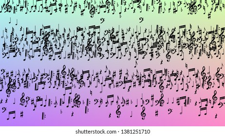 Disco Background. Black Musical Notes Symbol Falling on Hologram Background. Many Random Falling Notes, Bass and, Treble Clef. Disco Vector Template with Musical Symbols.