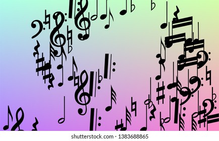 Disco Background. Black Musical Notes Symbol Falling on Hologram Background. Many Random Falling Notes, Bass and, G Clef. Disco Vector Template with Musical Symbols.