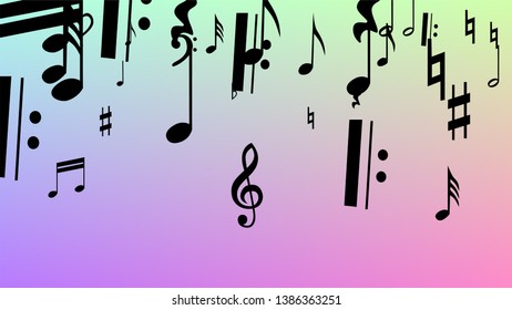 Disco Background. Black Musical Notes Symbol Falling on Hologram Background. Many Random Falling Notes, Bass and, Treble Clef. Disco Vector Template with Musical Symbols.