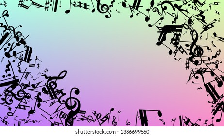 Disco Background. Black Musical Notes Symbol Falling on Hologram Background. Many Random Falling Notes, Bass and, Treble Clef. Disco Vector Template with Musical Symbols.