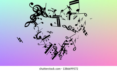 Disco Background. Black Musical Notes Symbol Falling on Hologram Background. Many Random Falling Notes, Bass and, Treble Clef. Disco Vector Template with Musical Symbols.