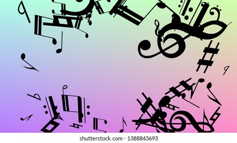 Disco Background. Black Musical Notes Symbol Falling on Hologram Background. Many Random Falling Notes, Bass and, G Clef. Disco Vector Template with Musical Symbols.
