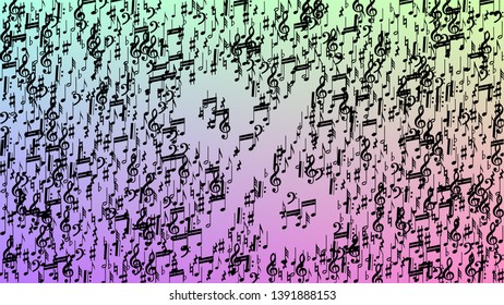 Disco Background. Black Musical Notes Symbol Falling on Hologram Background. Many Random Falling Notes, Bass and, G Clef. Disco Vector Template with Musical Symbols.