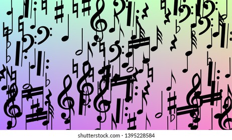 Disco Background. Black Musical Notes Symbol Falling on Hologram Background. Many Random Falling Notes, Bass and, Treble Clef. Disco Vector Template with Musical Symbols.