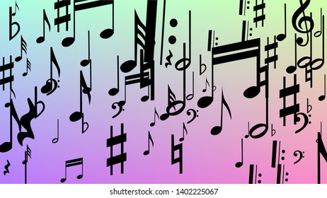 Disco Background. Black Musical Notes Symbol Falling on Hologram Background. Many Random Falling Notes, Bass and, Treble Clef. Disco Vector Template with Musical Symbols.