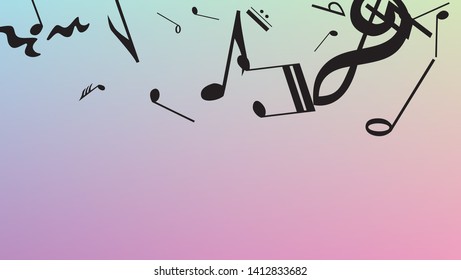 Disco Background. Black Musical Notes Symbol Falling on Hologram Background. Many Random Falling Notes, Bass and, G Clef. Disco Vector Template with Musical Symbols.