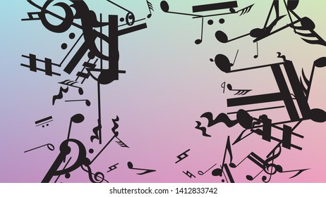 Disco Background. Black Musical Notes Symbol Falling on Hologram Background. Many Random Falling Notes, Bass and, Treble Clef. Disco Vector Template with Musical Symbols.