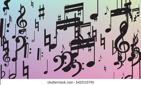 Disco Background. Black Musical Notes Symbol Falling on Hologram Background. Many Random Falling Notes, Bass and, Treble Clef. Disco Vector Template with Musical Symbols.