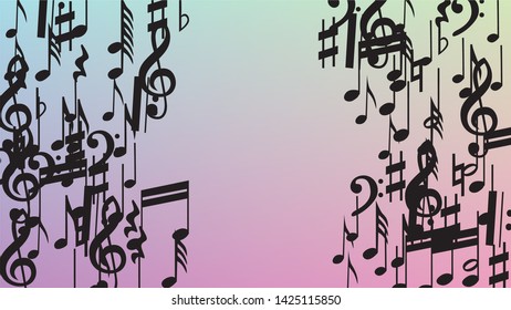 Disco Background. Black Musical Notes Symbol Falling on Hologram Background. Many Random Falling Notes, Bass and, G Clef. Disco Vector Template with Musical Symbols.