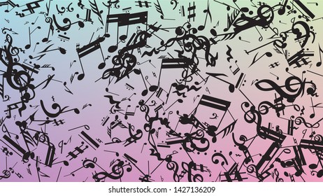 Disco Background. Black Musical Notes Symbol Falling on Hologram Background. Many Random Falling Notes, Bass and, G Clef. Disco Vector Template with Musical Symbols.