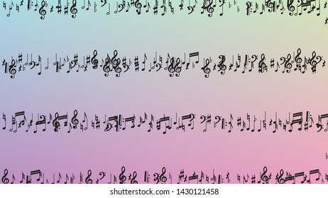 Disco Background. Black Musical Notes Symbol Falling on Hologram Background. Many Random Falling Notes, Bass and, G Clef. Disco Vector Template with Musical Symbols.