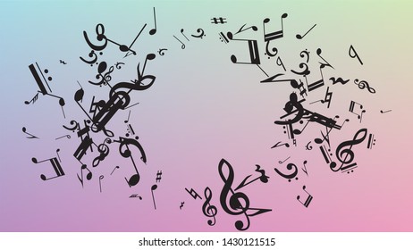 Disco Background. Black Musical Notes Symbol Falling on Hologram Background. Many Random Falling Notes, Bass and, Treble Clef. Disco Vector Template with Musical Symbols.