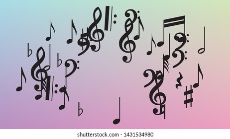 Disco Background. Black Musical Notes Symbol Falling on Hologram Background. Many Random Falling Notes, Bass and, Treble Clef. Disco Vector Template with Musical Symbols.