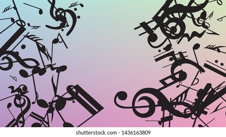 Disco Background. Black Musical Notes Symbol Falling on Hologram Background. Many Random Falling Notes, Bass and, Treble Clef. Disco Vector Template with Musical Symbols.