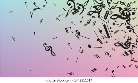Disco Background. Black Musical Notes Symbol Falling on Hologram Background. Many Random Falling Notes, Bass and, G Clef. Disco Vector Template with Musical Symbols.